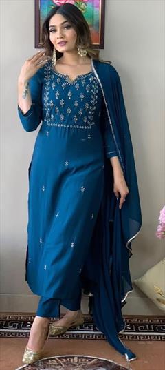 Festive, Party Wear Blue color Salwar Kameez in Rayon fabric with Straight Embroidered work : 1928327