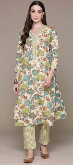 Festive, Summer Green color Salwar Kameez in Cotton fabric with Floral, Printed, Sequence work : 1928330