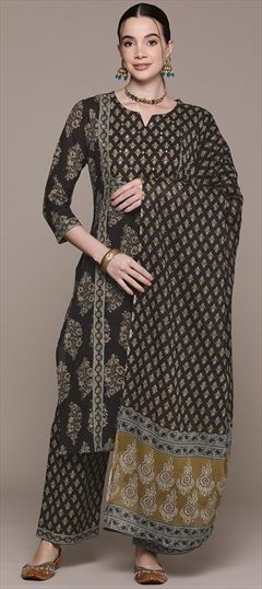 Festive, Summer Black and Grey color Salwar Kameez in Cotton fabric with Straight Printed, Sequence, Zari work : 1928338