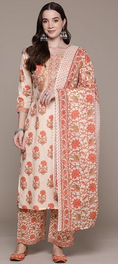 Festive, Summer Beige and Brown, Pink and Majenta color Salwar Kameez in Cotton fabric with Straight Printed, Sequence work : 1928339