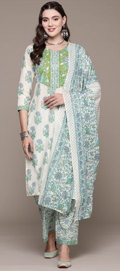 Festive, Summer Beige and Brown, Green color Salwar Kameez in Cotton fabric with Straight Printed, Sequence work : 1928340