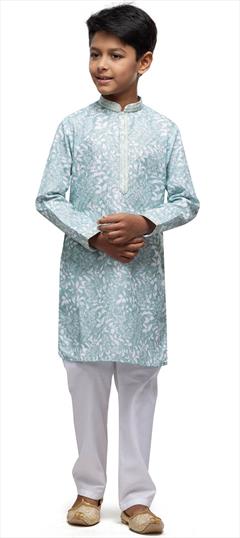 Party Wear Blue color Boys Kurta Pyjama in Cotton fabric with Printed, Thread work : 1928382