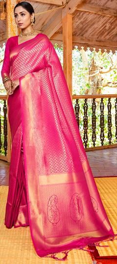 Festive, Traditional Pink and Majenta color Saree in Handloom fabric with Bengali Weaving, Zari work : 1928410