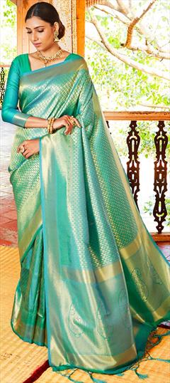 Festive, Traditional Green color Saree in Handloom fabric with Bengali Weaving, Zari work : 1928411