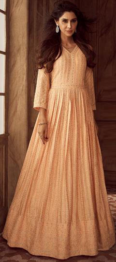 Festive, Reception, Wedding Pink and Majenta color Gown in Faux Georgette fabric with Embroidered, Sequence, Thread work : 1928431