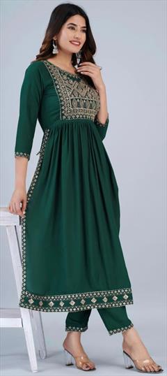Festive, Party Wear Green color Salwar Kameez in Rayon fabric with Straight Embroidered, Thread work : 1928435