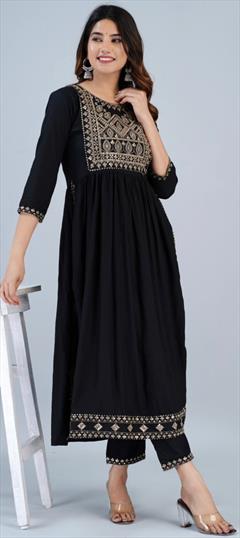 Festive, Party Wear Black and Grey color Salwar Kameez in Rayon fabric with Straight Embroidered, Thread work : 1928436
