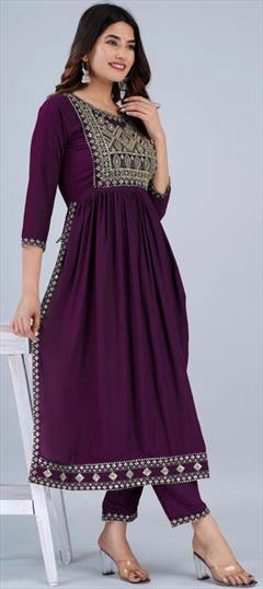 Festive, Party Wear Purple and Violet color Salwar Kameez in Rayon fabric with Straight Embroidered, Thread work : 1928437