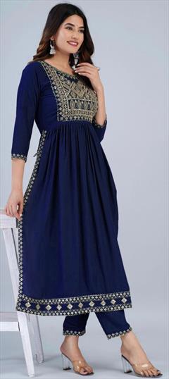 Festive, Party Wear Blue color Salwar Kameez in Rayon fabric with Straight Embroidered, Thread work : 1928438