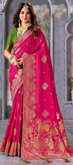 Bridal, Wedding Pink and Majenta color Saree in Banarasi Silk fabric with South Weaving, Zari work : 1928619