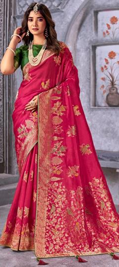Bridal, Wedding Pink and Majenta color Saree in Banarasi Silk fabric with South Weaving, Zari work : 1928620