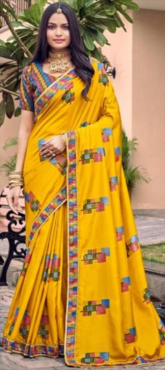 Bridal, Traditional, Wedding Yellow color Saree in Banarasi Silk fabric with South Border work : 1928635