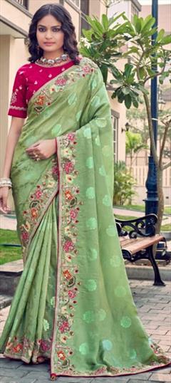 Bridal, Traditional, Wedding Green color Saree in Banarasi Silk fabric with South Embroidered, Sequence, Thread, Zari work : 1928636