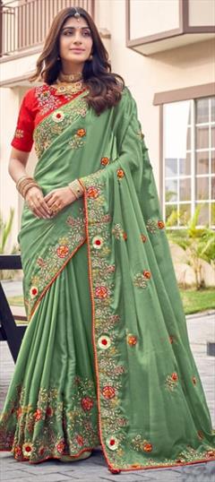 Bridal, Traditional, Wedding Green color Saree in Banarasi Silk fabric with South Embroidered, Sequence, Thread, Zari work : 1928639