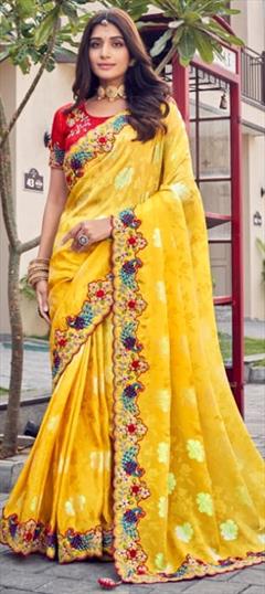 Bridal, Traditional, Wedding Yellow color Saree in Banarasi Silk fabric with South Embroidered, Printed, Sequence, Thread, Zari work : 1928641