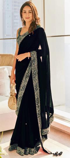 Festive, Party Wear Black and Grey color Saree in Georgette fabric with Classic Moti, Sequence, Thread work : 1928659