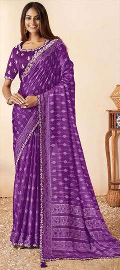 Traditional, Wedding Purple and Violet color Saree in Art Silk fabric with South Sequence, Stone, Thread, Zari work : 1928664