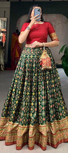 Festive, Party Wear, Reception Green color Ready to Wear Lehenga in Dolla Silk fabric with Flared Foil Print, Stone work : 1928668