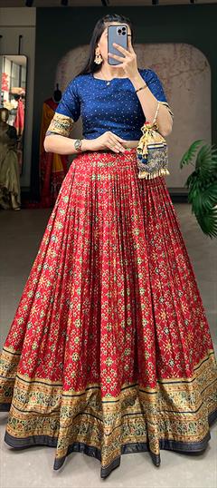Festive, Party Wear, Reception Red and Maroon color Ready to Wear Lehenga in Dolla Silk fabric with Flared Embroidered, Thread work : 1928669