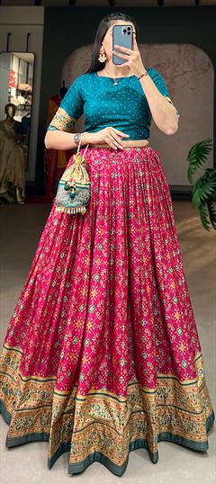 Festive, Party Wear, Reception Pink and Majenta color Ready to Wear Lehenga in Dolla Silk fabric with Flared Embroidered, Thread work : 1928671
