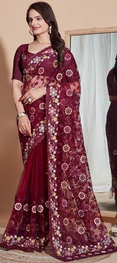 Festive, Reception Red and Maroon color Saree in Net fabric with Classic Embroidered, Resham, Thread work : 1928777