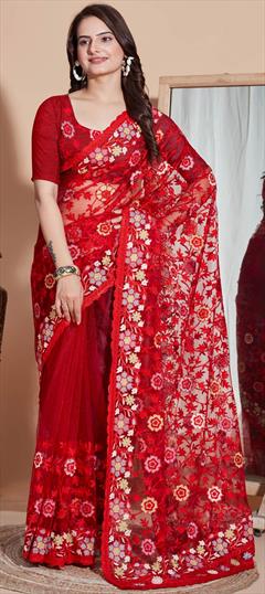 Festive Red and Maroon color Saree in Net fabric with Classic Embroidered, Resham, Thread work : 1928779