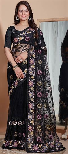 Festive, Reception Black and Grey color Saree in Net fabric with Classic Embroidered, Resham, Thread work : 1928780