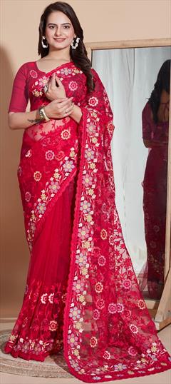 Festive, Reception Pink and Majenta color Saree in Net fabric with Embroidered, Resham, Thread work : 1928781