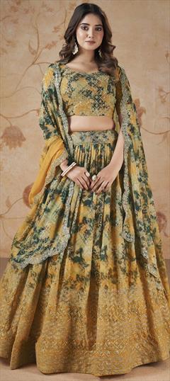 Bridal, Engagement, Wedding Green, Yellow color Lehenga in Faux Georgette fabric with Flared Digital Print, Embroidered, Sequence, Zari work : 1928782