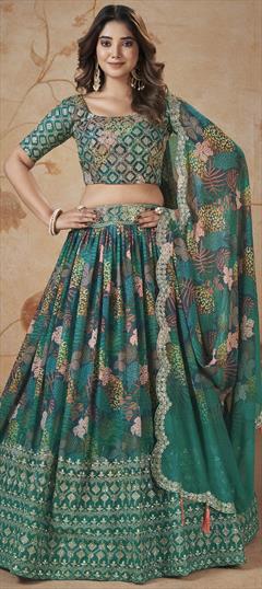 Bridal, Engagement, Wedding Green color Lehenga in Faux Georgette fabric with Flared Digital Print, Embroidered, Sequence, Zari work : 1928783