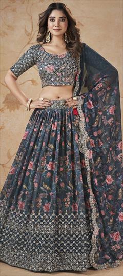 Bridal, Engagement, Wedding Blue color Lehenga in Faux Georgette fabric with Flared Digital Print, Embroidered, Floral, Sequence, Zari work : 1928785