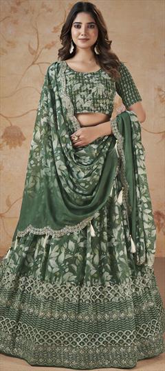 Bridal, Engagement, Wedding Green color Lehenga in Faux Georgette fabric with Flared Digital Print, Embroidered, Sequence, Zari work : 1928787