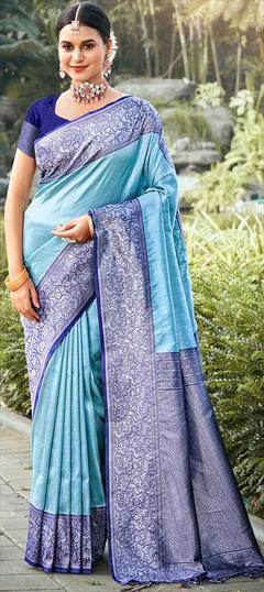 Festive, Traditional Blue color Saree in Kanjeevaram Silk, Silk fabric with South Weaving, Zari work : 1928838