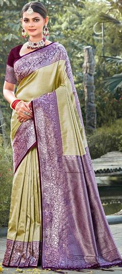 Festive, Traditional Gold, Purple and Violet color Saree in Kanjeevaram Silk, Silk fabric with South Weaving, Zari work : 1928839