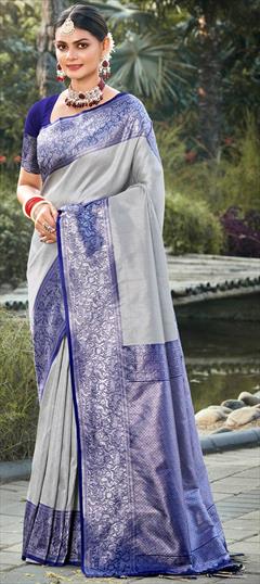 Festive, Traditional Black and Grey, Blue color Saree in Kanjeevaram Silk, Silk fabric with South Weaving, Zari work : 1928843
