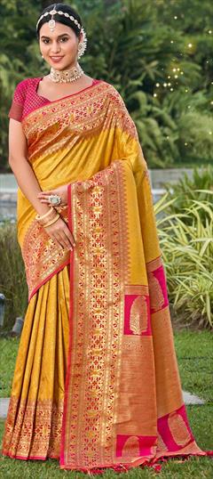 Festive, Traditional Pink and Majenta, Yellow color Saree in Kanjeevaram Silk, Silk fabric with South Weaving, Zari work : 1928865