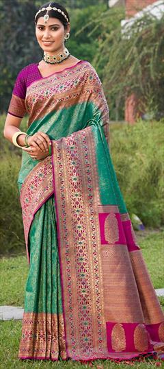 Festive, Traditional Green, Pink and Majenta color Saree in Kanjeevaram Silk, Silk fabric with South Weaving, Zari work : 1928866