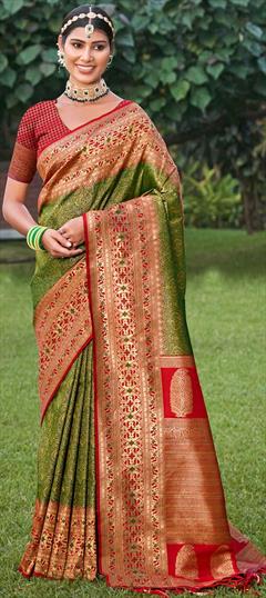 Festive, Traditional Green, Red and Maroon color Saree in Kanjeevaram Silk, Silk fabric with South Weaving, Zari work : 1928867