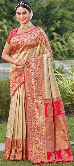 Festive, Traditional Beige and Brown, Pink and Majenta color Saree in Kanjeevaram Silk, Silk fabric with South Weaving, Zari work : 1928868