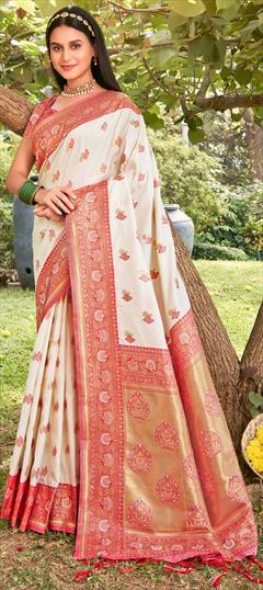 Festive, Traditional White and Off White color Saree in Art Silk, Silk fabric with South Weaving, Zari work : 1928930