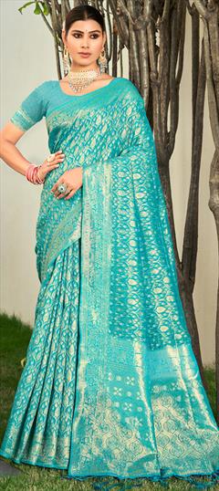 Festive, Traditional Blue color Saree in Cotton fabric with Bengali Weaving, Zari work : 1928956