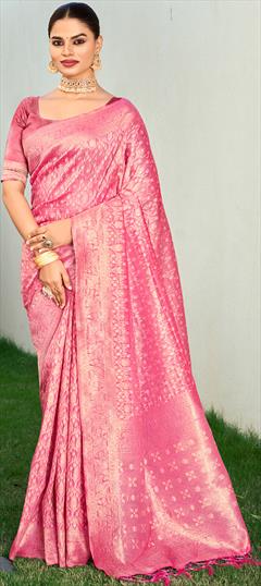 Festive, Traditional Pink and Majenta color Saree in Cotton fabric with Bengali Weaving, Zari work : 1928957