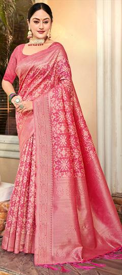 Festive, Traditional Pink and Majenta color Saree in Cotton fabric with Bengali Weaving, Zari work : 1928958
