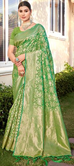 Festive, Traditional Green color Saree in Cotton fabric with Bengali Weaving, Zari work : 1928959
