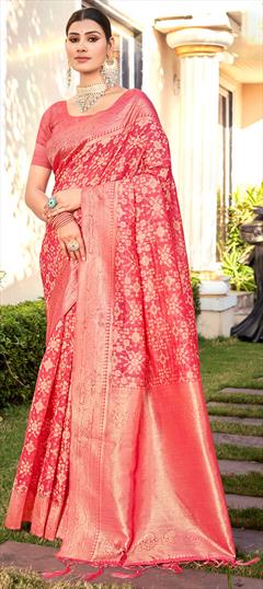 Festive, Traditional Pink and Majenta color Saree in Cotton fabric with Bengali Weaving, Zari work : 1928960