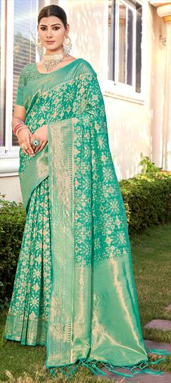 Festive, Traditional Blue color Saree in Cotton fabric with Bengali Weaving, Zari work : 1928961