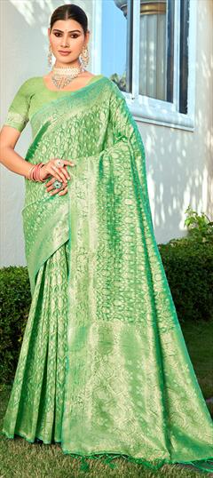Festive, Traditional Green color Saree in Cotton fabric with Bengali Weaving, Zari work : 1928964