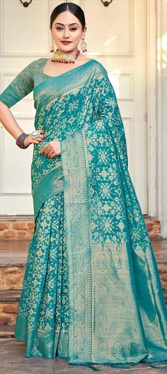 Festive, Traditional Blue color Saree in Cotton fabric with Bengali Weaving, Zari work : 1928965