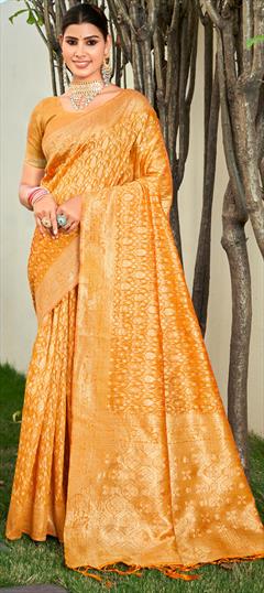 Festive, Traditional Orange color Saree in Cotton fabric with Bengali Weaving, Zari work : 1928967