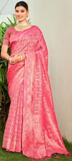Festive, Traditional Pink and Majenta color Saree in Cotton fabric with Bengali Weaving, Zari work : 1928968